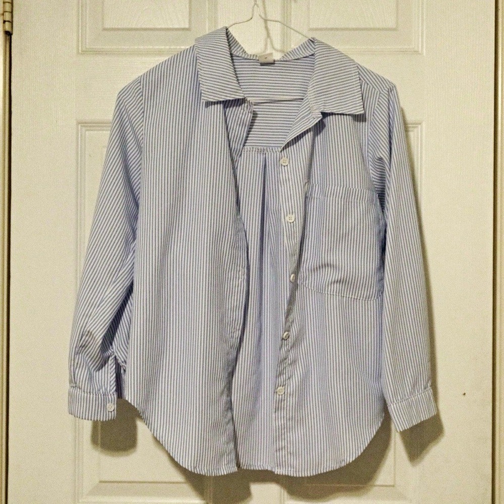 SHEIN Blue & White Striped Woven Long Sleeve Point Collar Button-Up Teen S